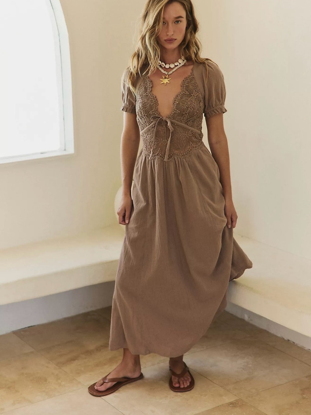 Free People All You Need Is Lace Midi Dress 
Size XS in Dusted Cocoa